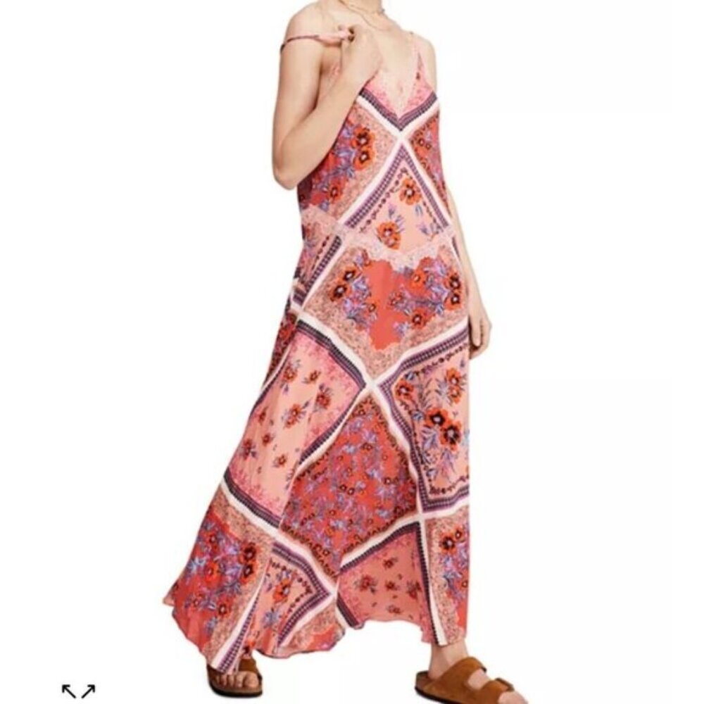 Free People Stevie Scarf Print Maxi Dress Boho Floral Lace Trim Slip Style Size